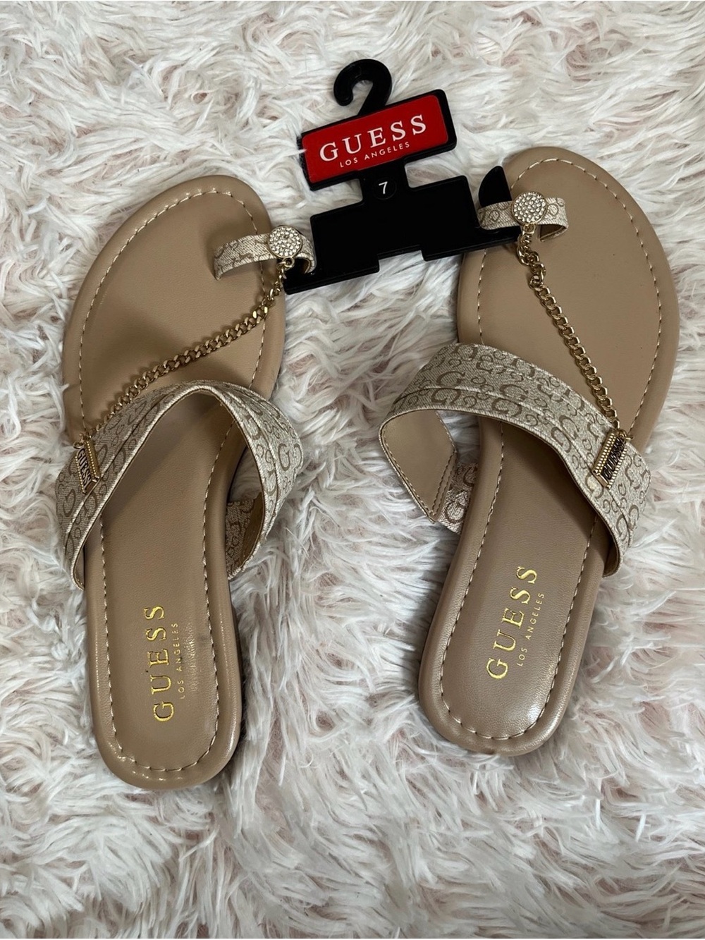 Authentic GUESS Beige Logo-Print Slide Sandals with Gold Chain Accent